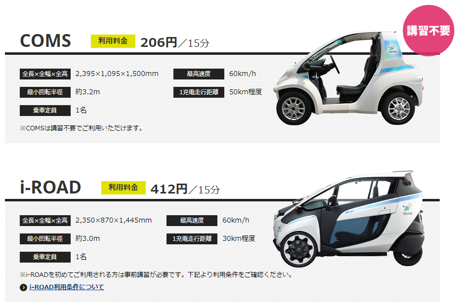 乗り捨て可能な車種はCOMSとi-ROAD